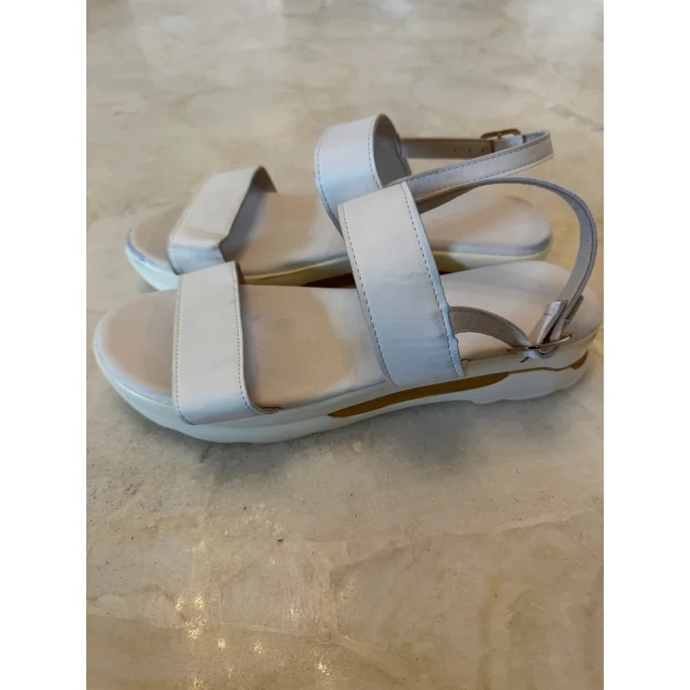 White Platform Slingback Sandals Gold Accent Double Strap Size 39